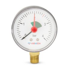 Манометр VARMEGA радиальный 63 мм, 4 бар, 1/4", с указателем предела, VMMT11-630402