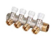 Коллектор латунный MVI 1"x3/4"x4 выхода, с регулирующими вентилями