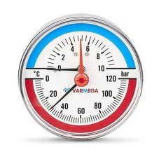 Термоманометр VARMEGA аксиальный 80 мм, 10 бар, 120гр.С, 1/2", с отсекающим клапаном, VMMT06-801004